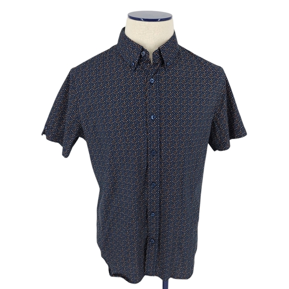 Ben Sherman Stretch Slim Fit Shirt Navy Polka Dot Short Sleeve Button Collared - Picture 1 of 8